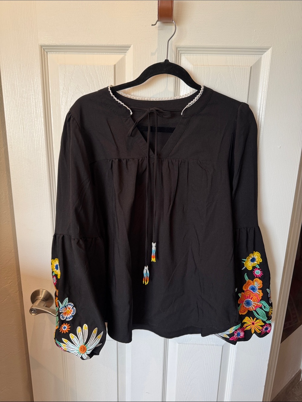 Black Embroidered Bell-Sleeve Tunic Top